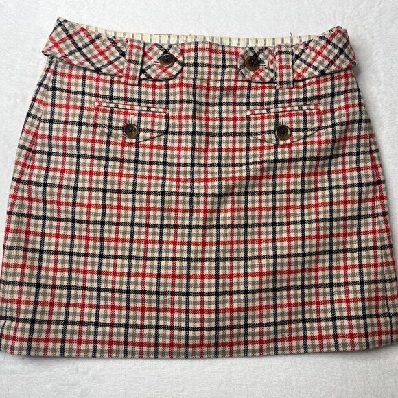 J Crew Cream Red Plaid 100% Wool 2006 Belted Mini Skirt y2k Academia Preppy sz 4 - Picture 1 of 10